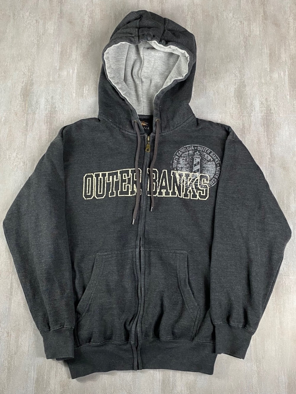 Vintage 2000’s y2k Small Style Outer Banks NC Graphic Full Zip Hoodie Charcoal